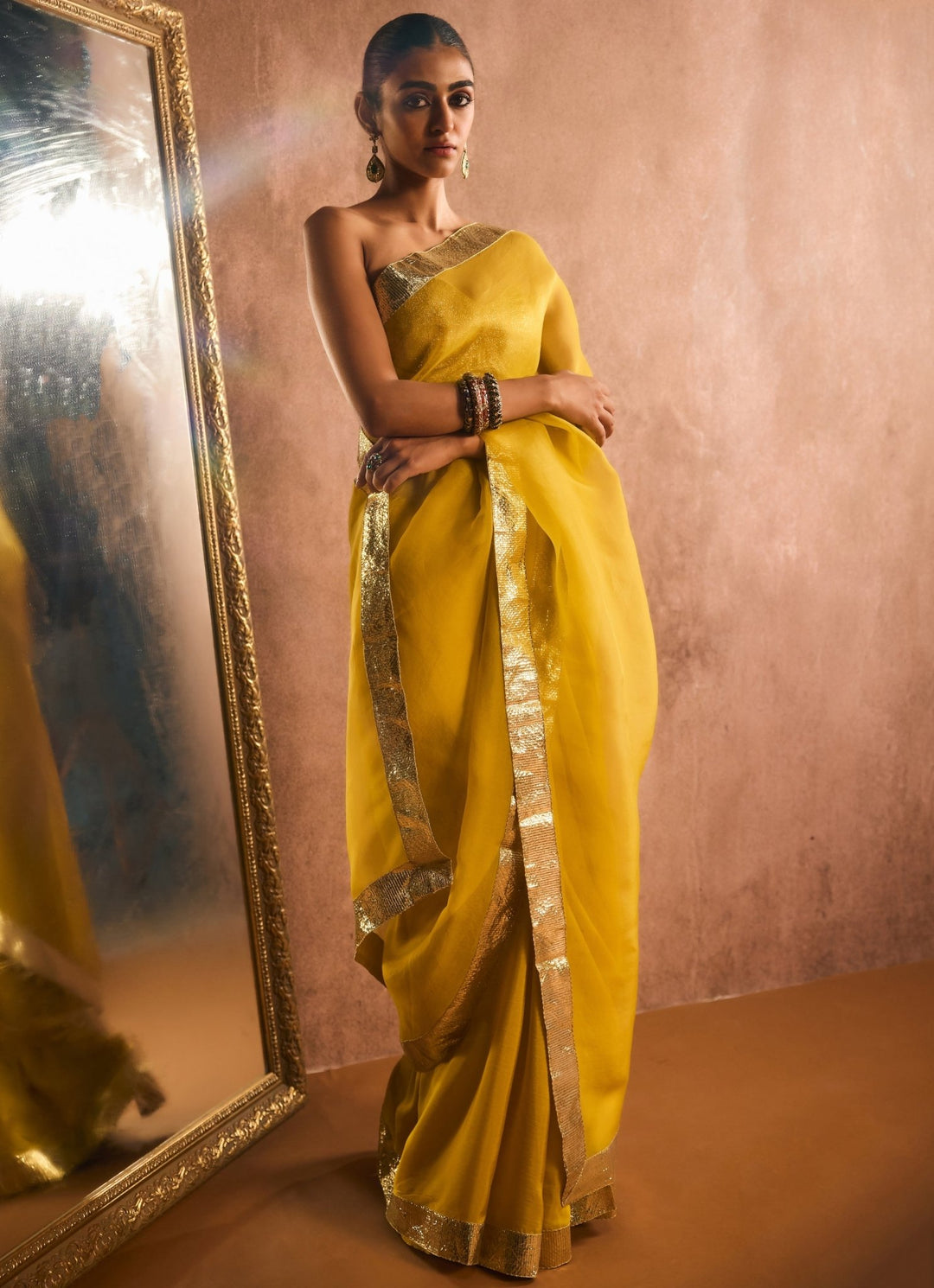 Mustard And Gold Pure Silk Organza Saree Kapardara - Fabilicious Fashion