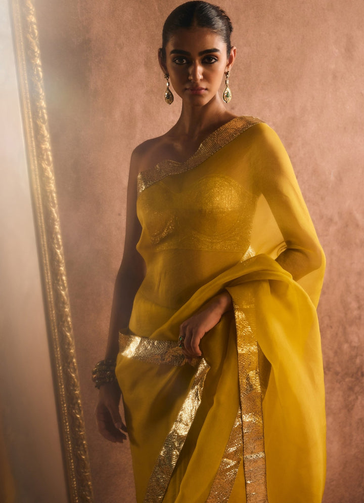 Mustard And Gold Pure Silk Organza Saree Kapardara - Fabilicious Fashion