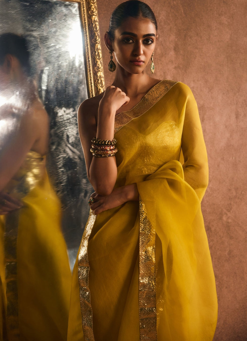 Mustard And Gold Pure Silk Organza Saree Kapardara - Fabilicious Fashion