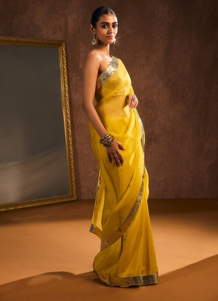 Mustard And Gold Pure Silk Organza Saree Kapardara - Fabilicious Fashion
