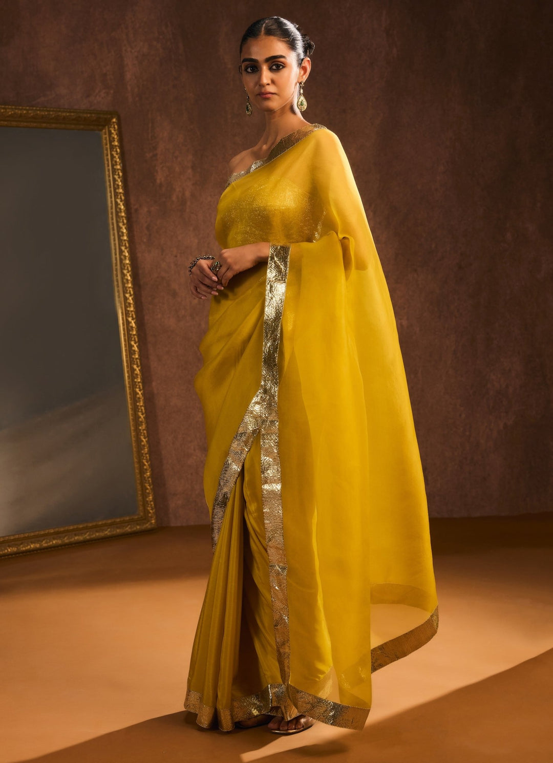Mustard And Gold Pure Silk Organza Saree Kapardara - Fabilicious Fashion