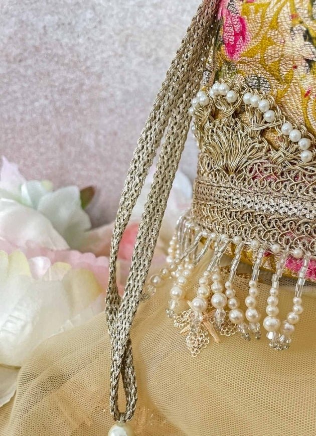 Mustard Brocade Bucket Bag AMYRA - Fabilicious Fashion