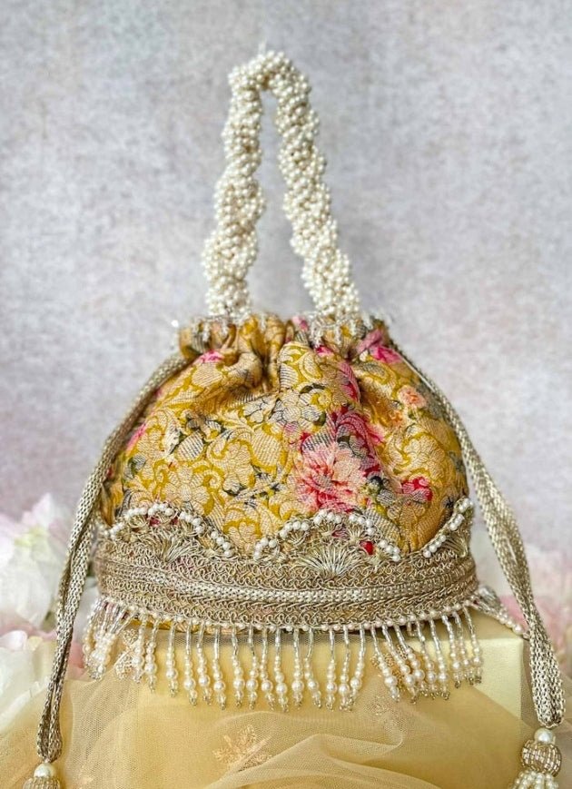 Mustard Brocade Bucket Bag AMYRA - Fabilicious Fashion