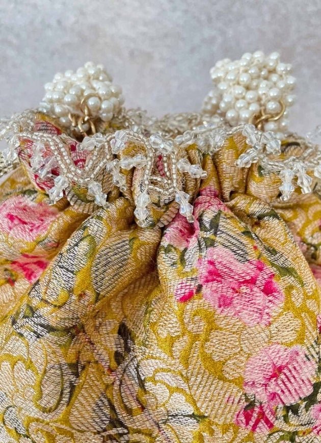 Mustard Brocade Bucket Bag AMYRA - Fabilicious Fashion