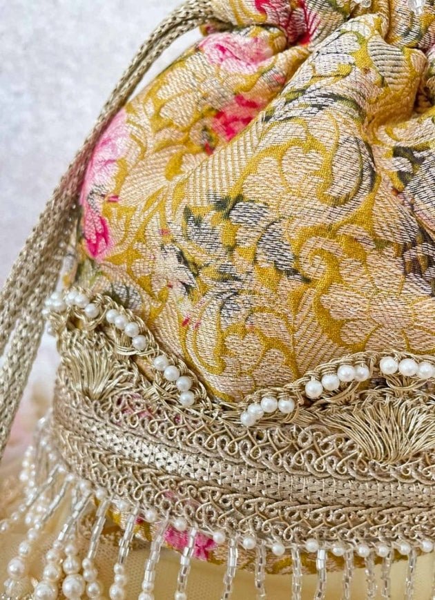 Mustard Brocade Bucket Bag AMYRA - Fabilicious Fashion