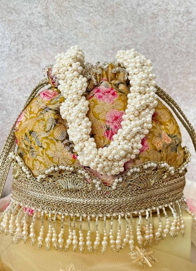 Mustard Brocade Bucket Bag AMYRA - Fabilicious Fashion