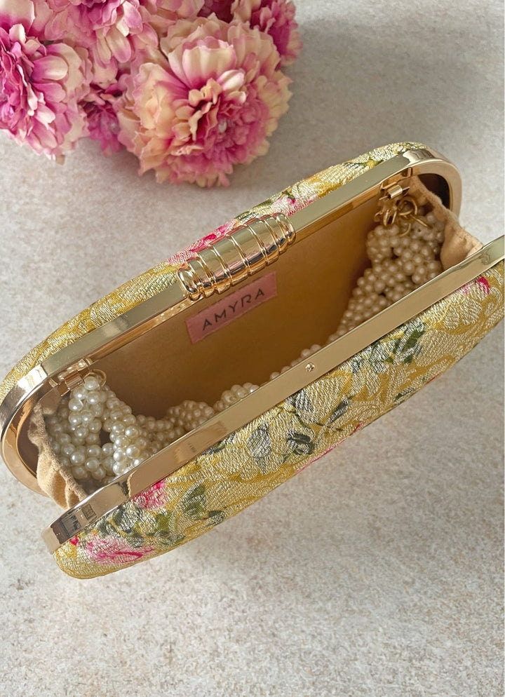 Mustard Brocade Clutch AMYRA - Fabilicious Fashion