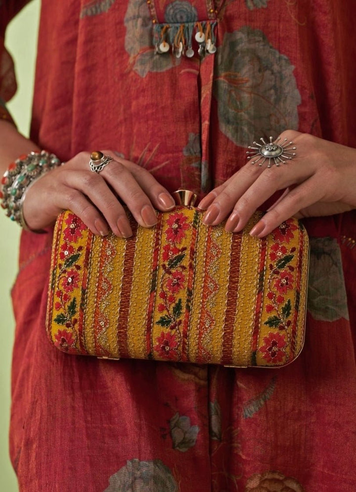 Mustard Embroidered Clutch AMYRA - Fabilicious Fashion