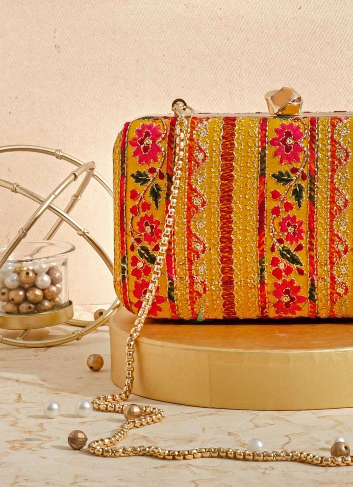 Mustard Embroidered Clutch AMYRA - Fabilicious Fashion