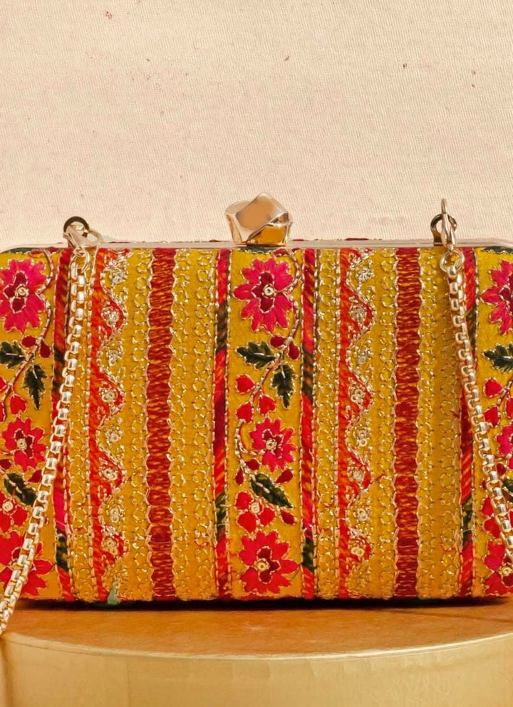 Mustard Embroidered Clutch AMYRA - Fabilicious Fashion