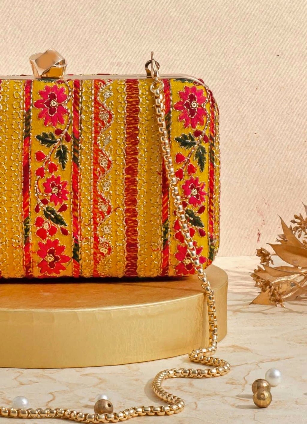 Mustard Embroidered Clutch AMYRA - Fabilicious Fashion