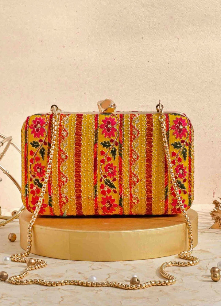 Mustard Embroidered Clutch AMYRA - Fabilicious Fashion
