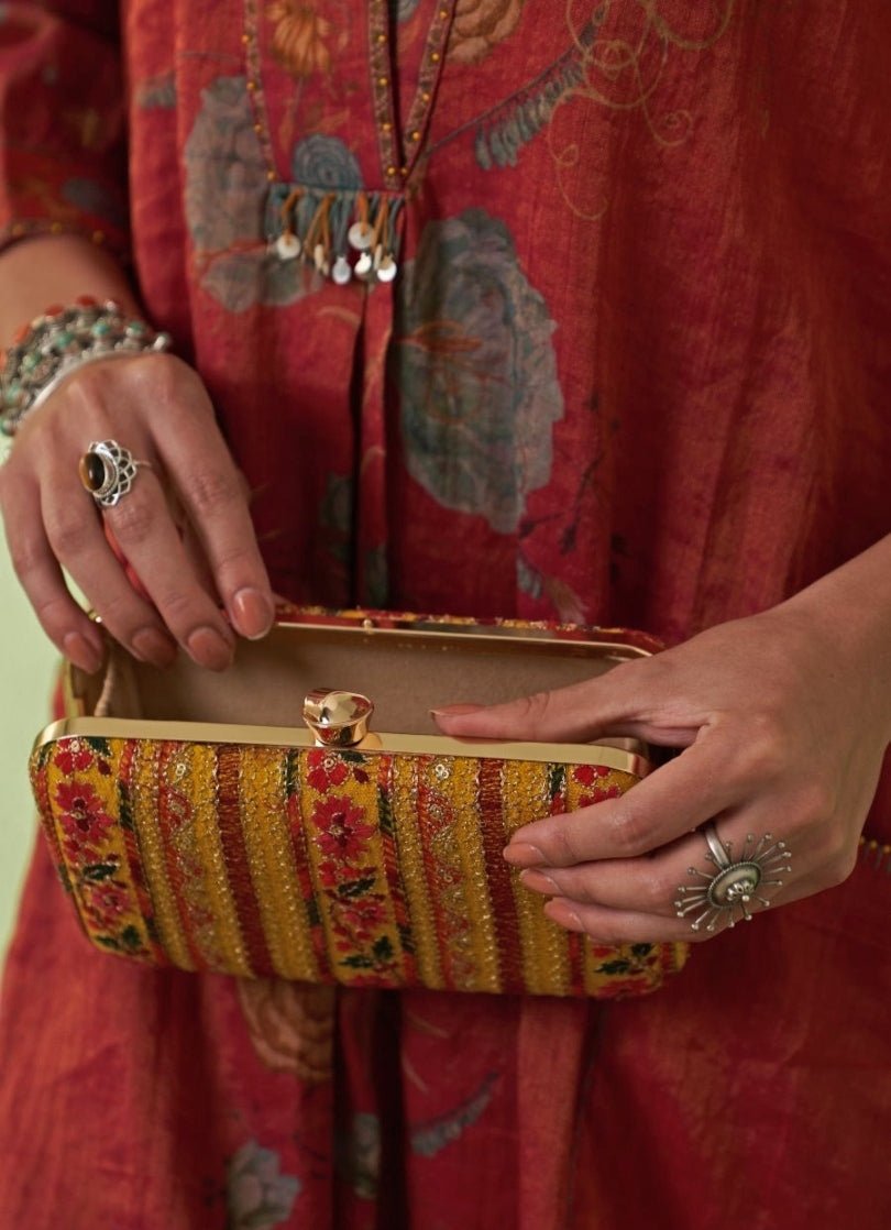 Mustard Embroidered Clutch AMYRA - Fabilicious Fashion