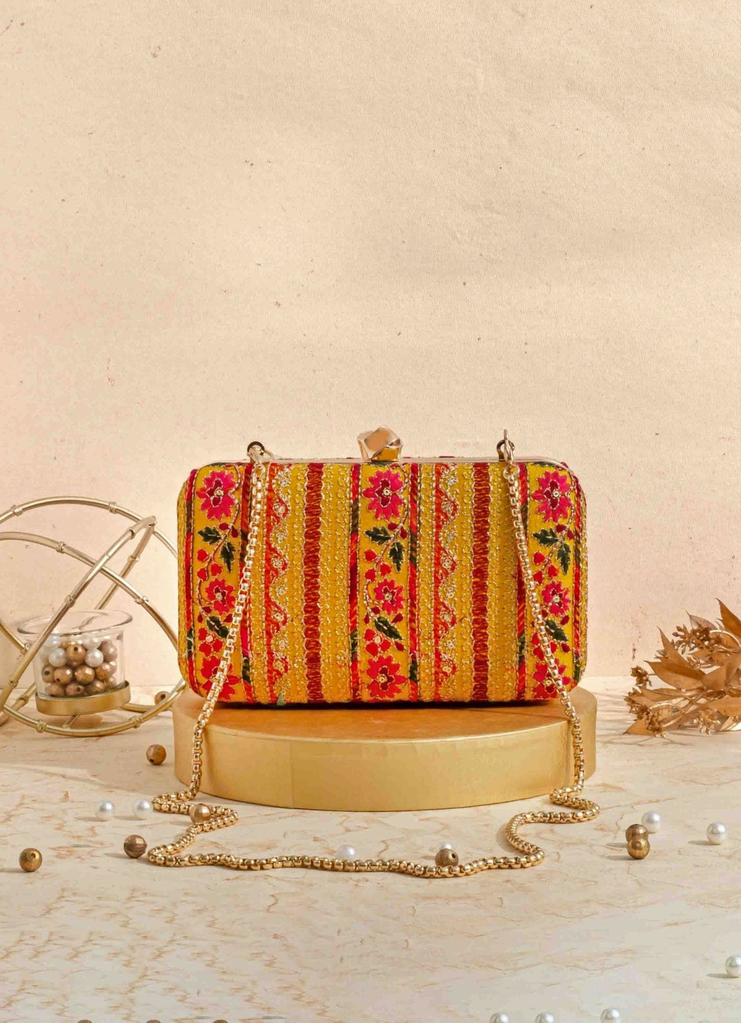 Mustard Embroidered Clutch AMYRA - Fabilicious Fashion