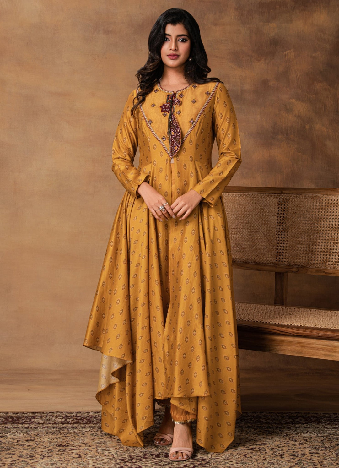 Mustard Gold Chanderi Asymmetrical Kurta Pant Set Isha Gupta Tayal - Fabilicious Fashion