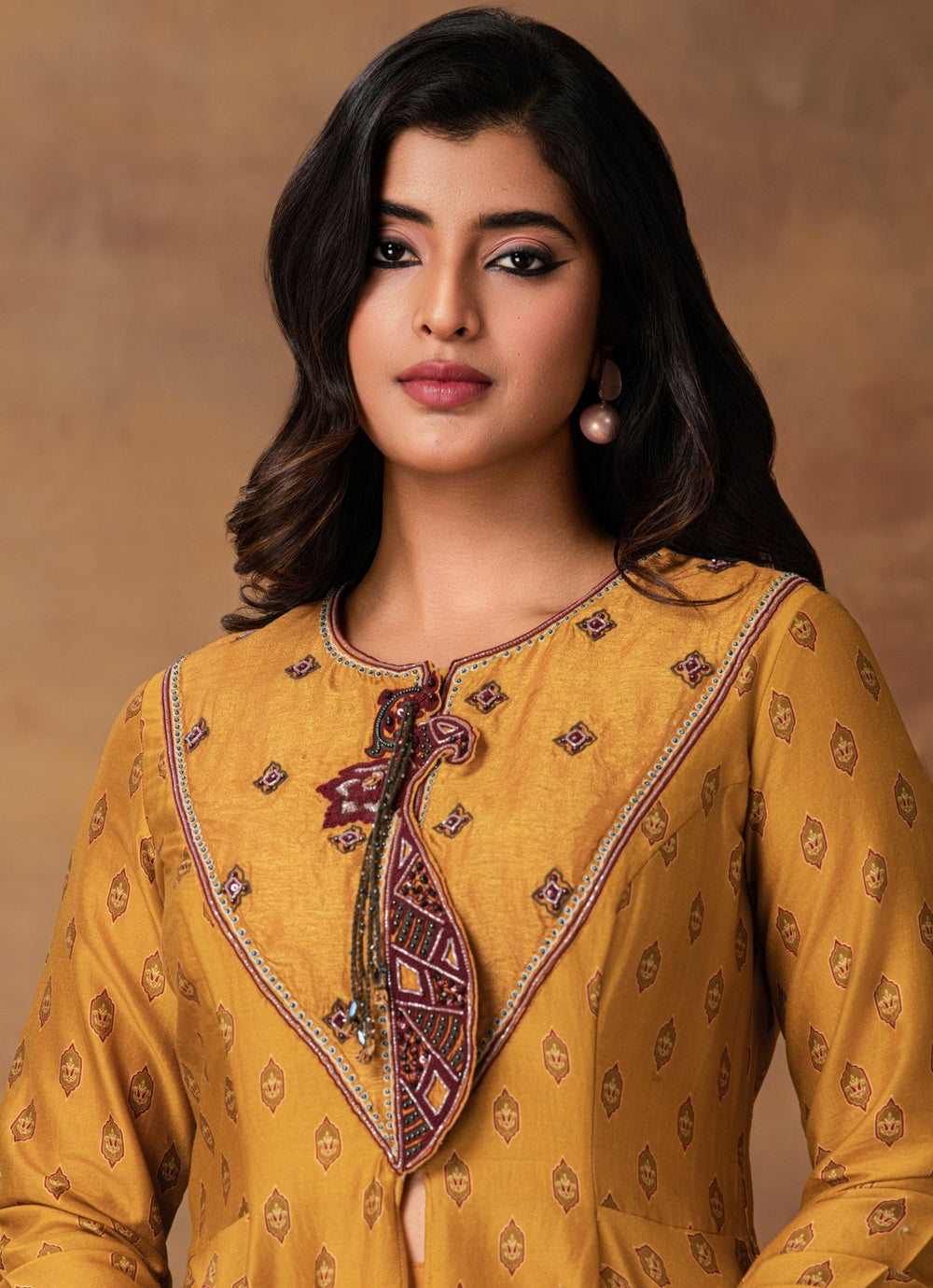 Mustard Gold Chanderi Asymmetrical Kurta Pant Set Isha Gupta Tayal - Fabilicious Fashion
