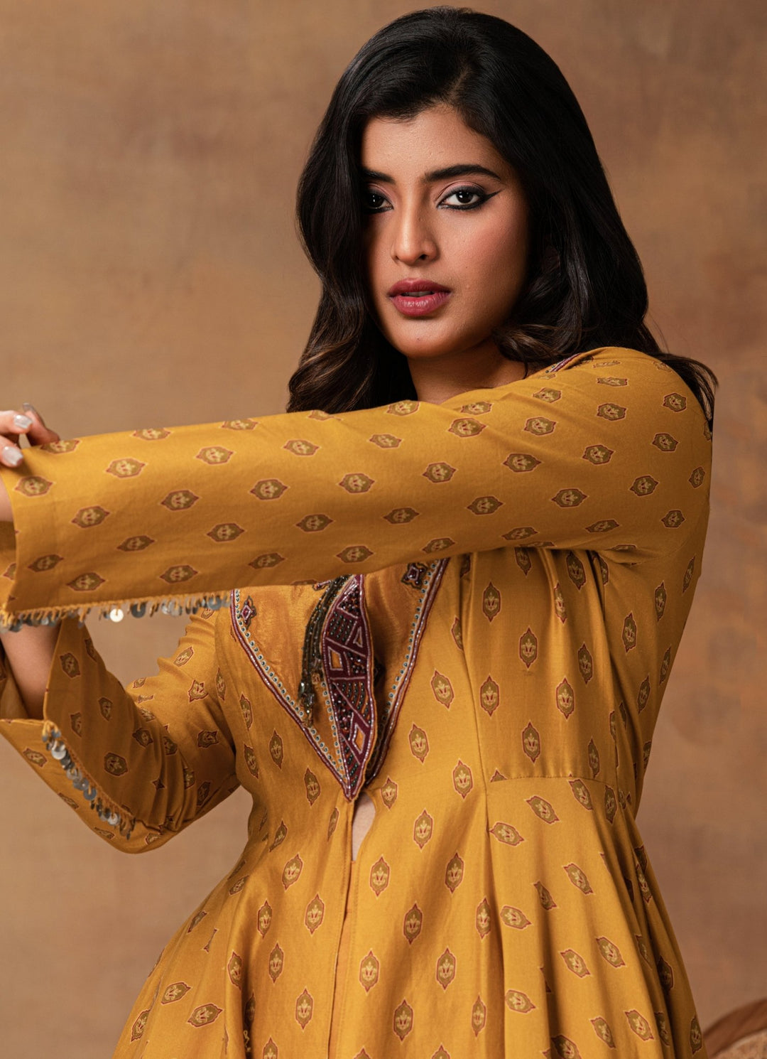 Mustard Gold Chanderi Asymmetrical Kurta Pant Set Isha Gupta Tayal - Fabilicious Fashion