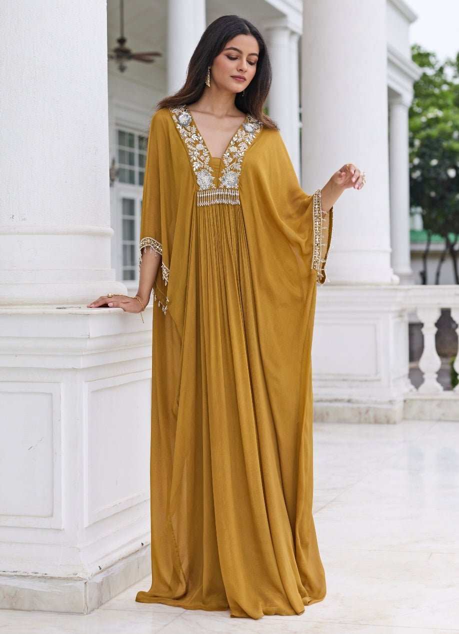 Mustard Gold Chiffon Draped Kaftan Seema Thukral - Fabilicious Fashion