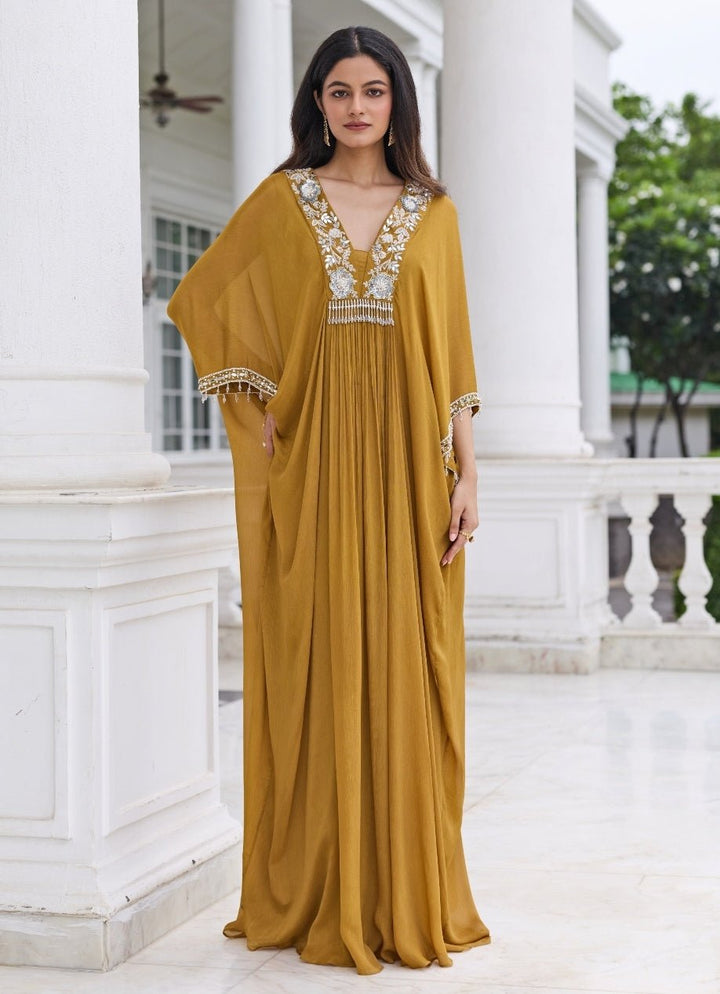 Mustard Gold Chiffon Draped Kaftan Seema Thukral - Fabilicious Fashion