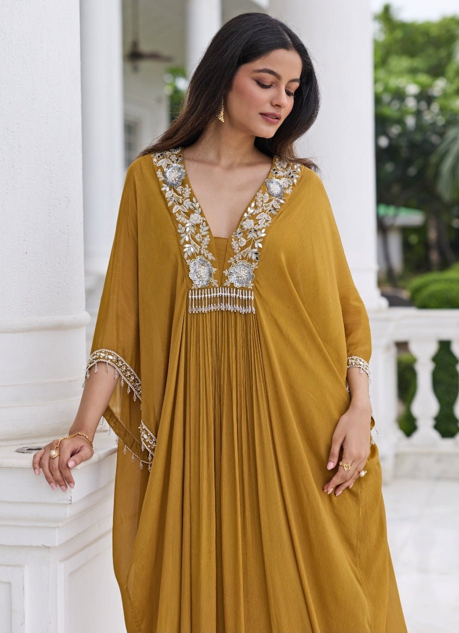 Mustard Gold Chiffon Draped Kaftan Seema Thukral - Fabilicious Fashion