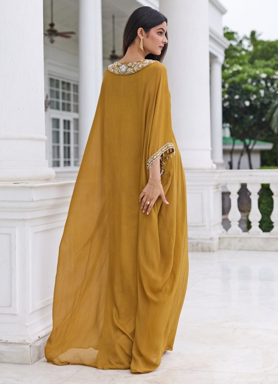 Mustard Gold Chiffon Draped Kaftan Seema Thukral - Fabilicious Fashion