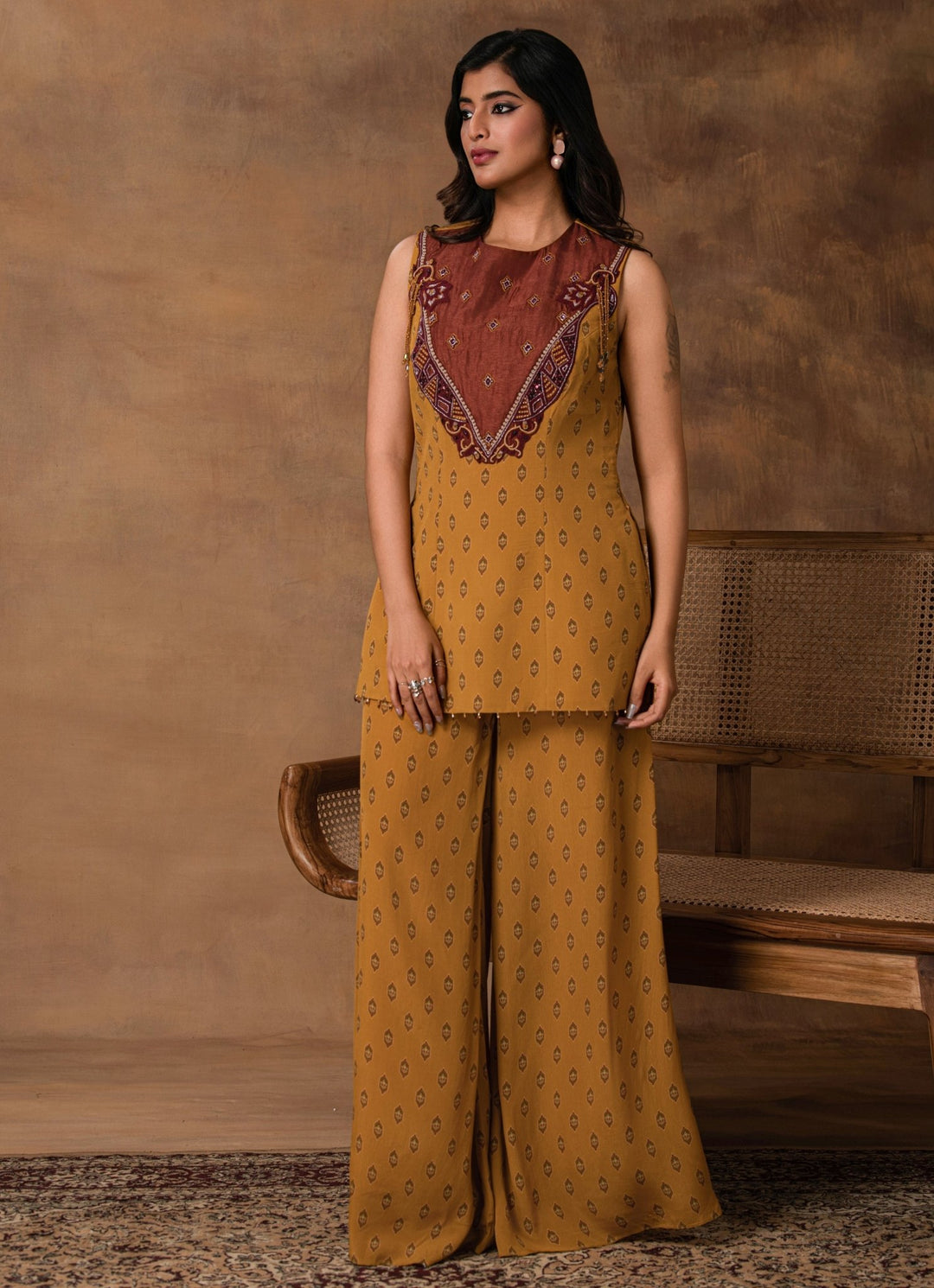 Mustard Gold Crepe Peplum Kurta Pant Set Isha Gupta Tayal - Fabilicious Fashion