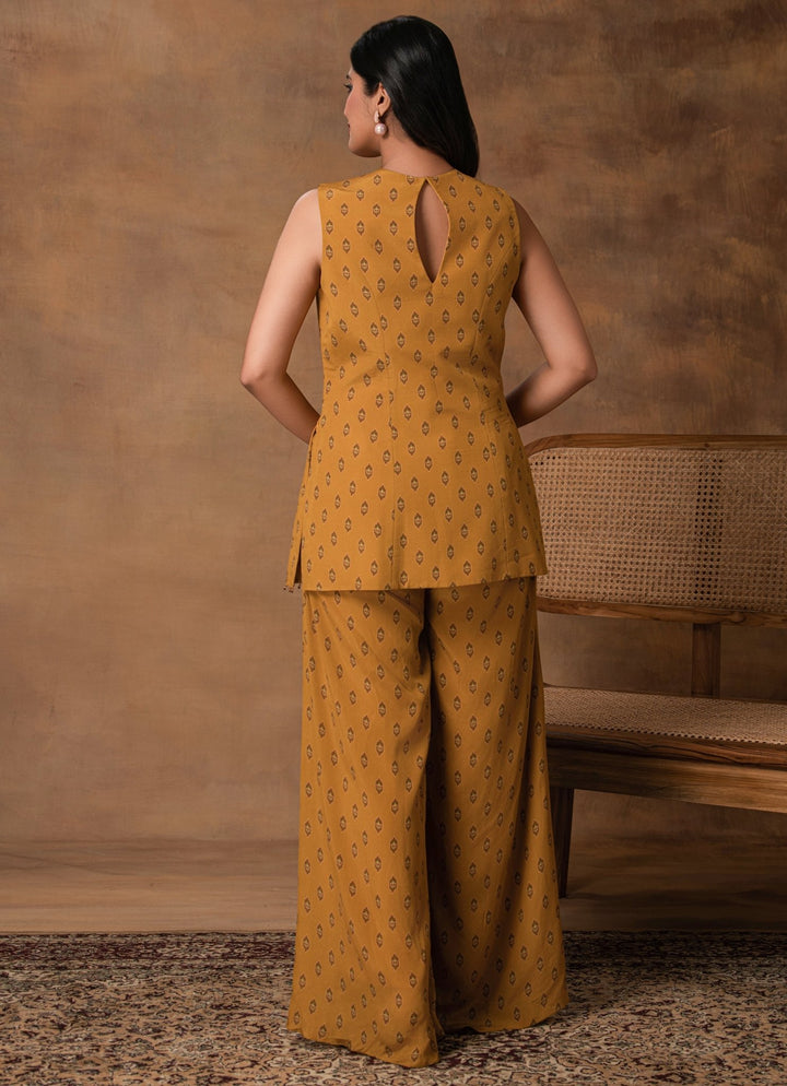 Mustard Gold Crepe Peplum Kurta Pant Set Isha Gupta Tayal - Fabilicious Fashion
