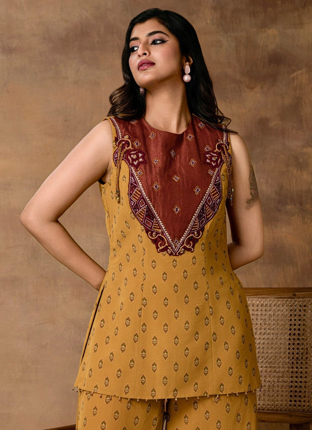 Mustard Gold Crepe Peplum Kurta Pant Set Isha Gupta Tayal - Fabilicious Fashion