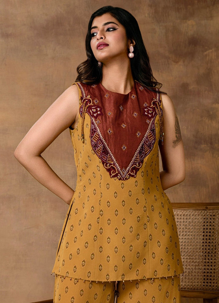 Mustard Gold Crepe Peplum Kurta Pant Set Isha Gupta Tayal - Fabilicious Fashion