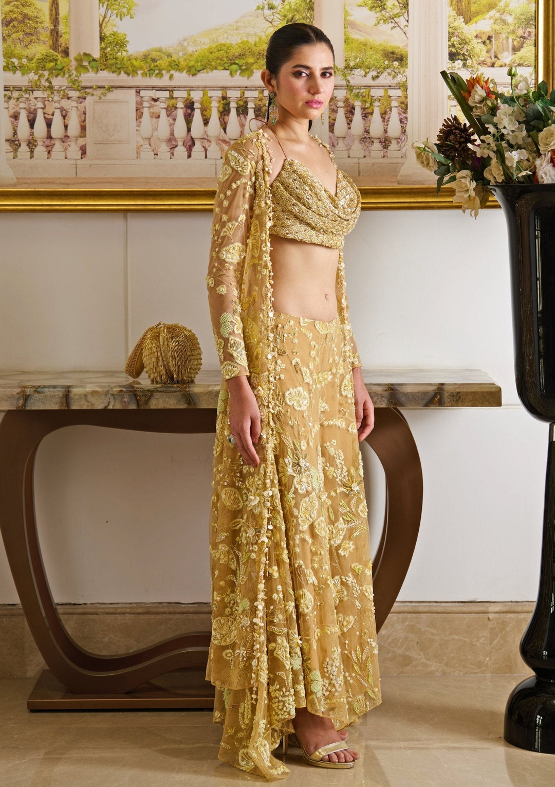 Mustard Gold Embroidered Pant Set With Cape Moledro - Fabilicious Fashion