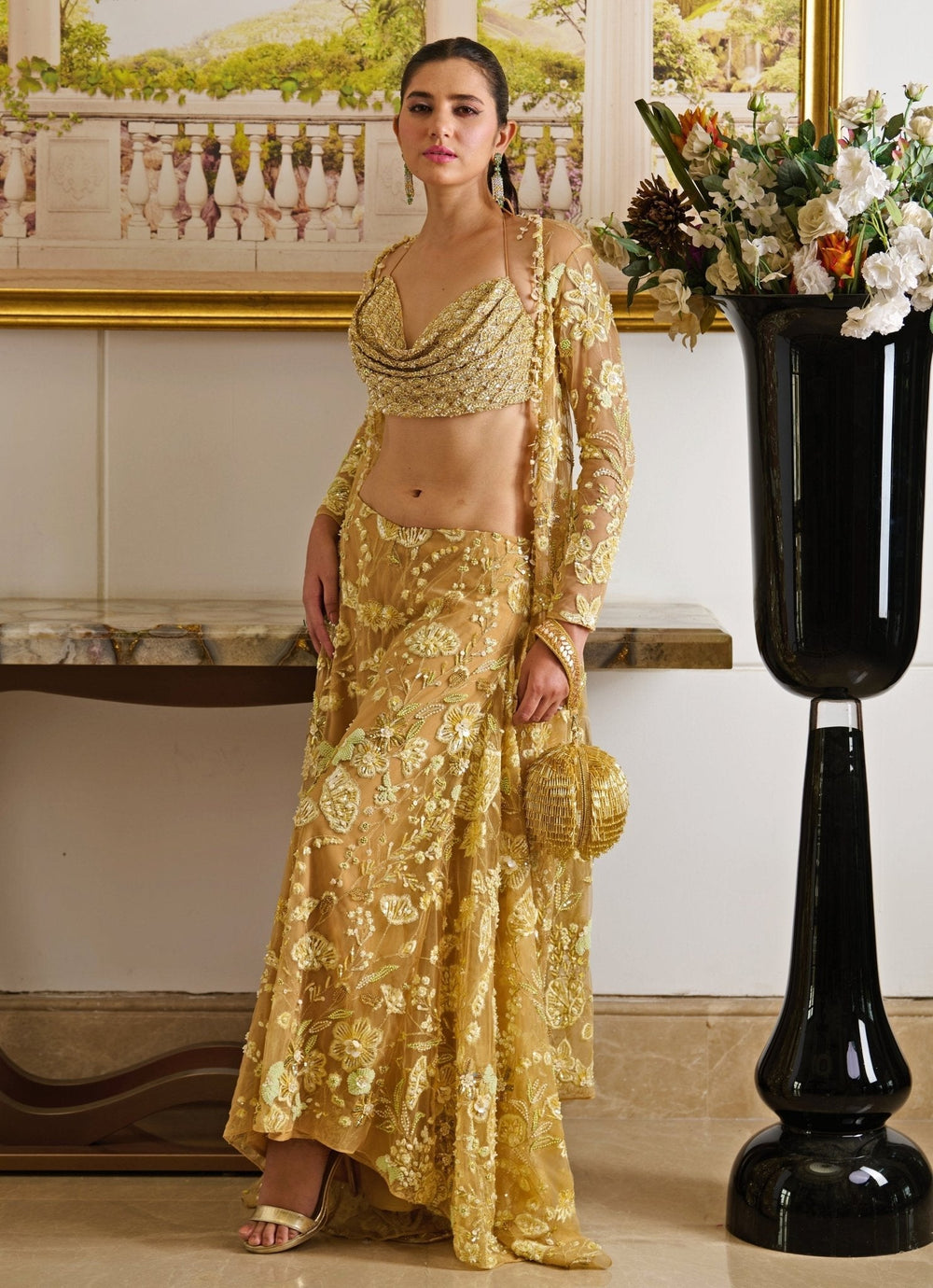 Mustard Gold Embroidered Pant Set With Cape Moledro - Fabilicious Fashion