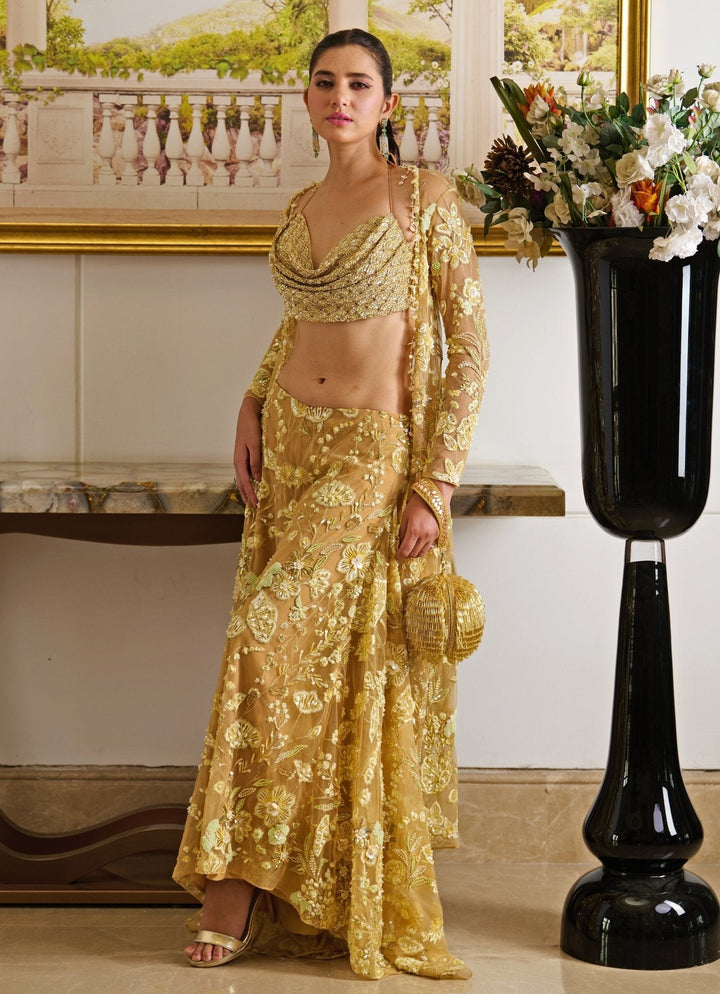 Mustard Gold Embroidered Pant Set With Cape Moledro - Fabilicious Fashion