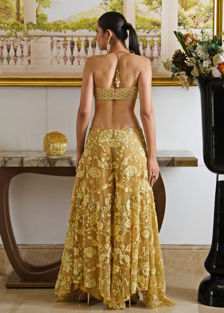 Mustard Gold Embroidered Pant Set With Cape Moledro - Fabilicious Fashion