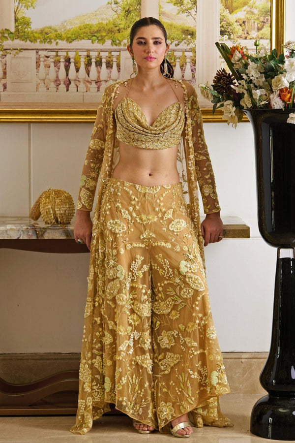 Mustard gold embroidered pant set with cape by Moledro