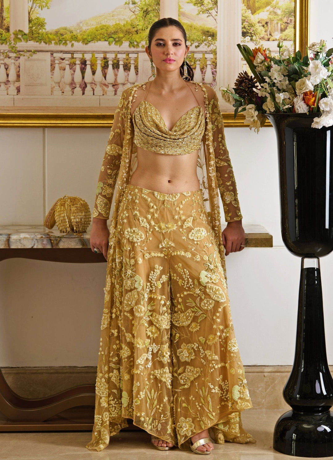 Mustard Gold Embroidered Pant Set With Cape Moledro - Fabilicious Fashion