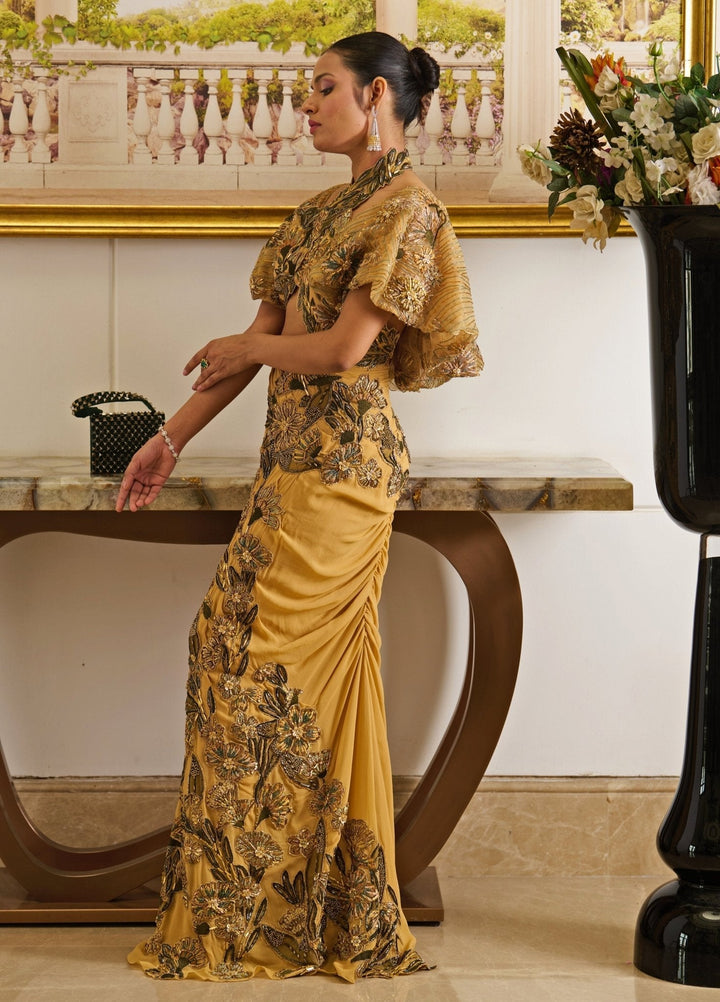 Mustard Gold Embroidered Predraped Georgette Saree With Cape Moledro - Fabilicious Fashion