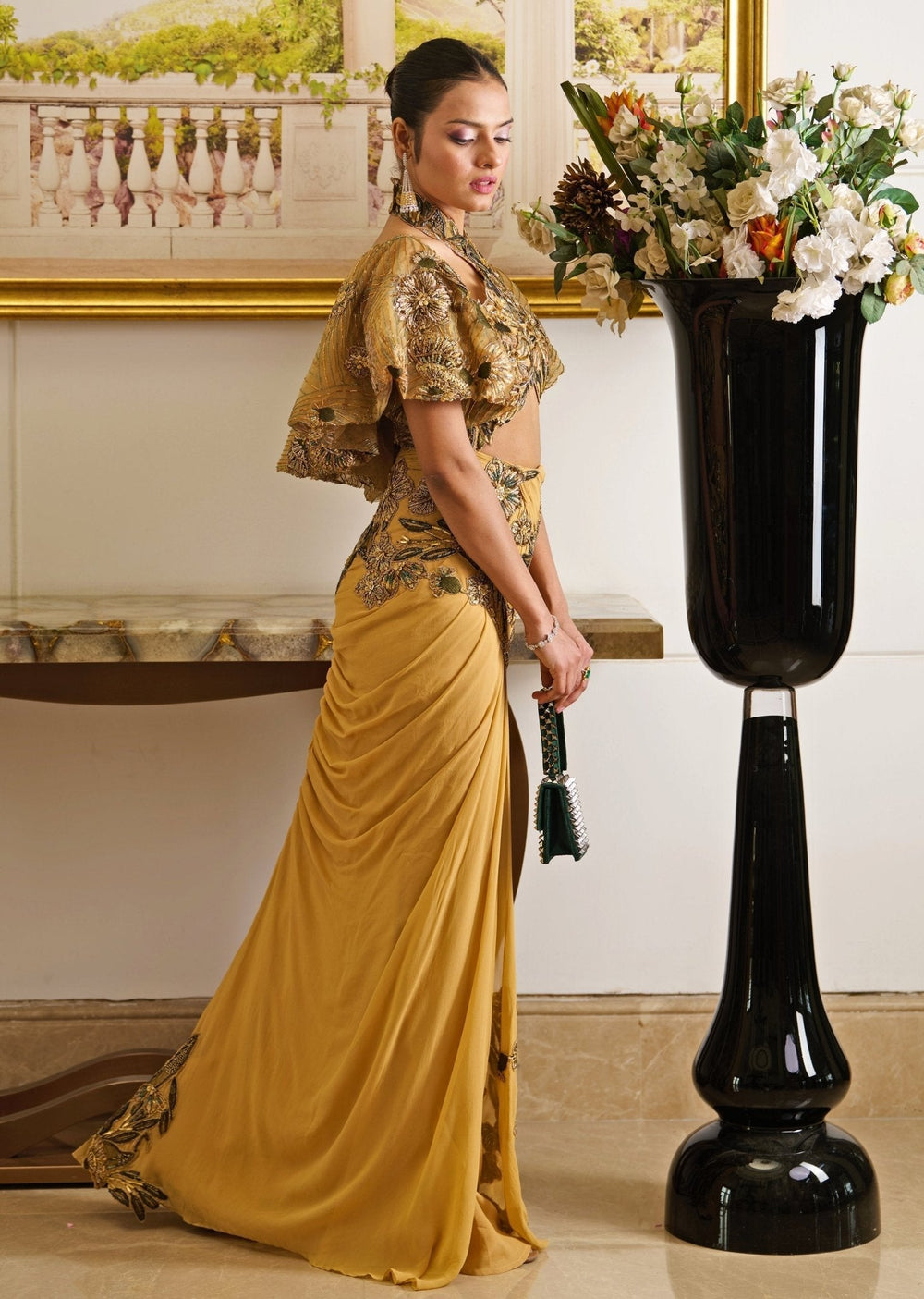 Mustard Gold Embroidered Predraped Georgette Saree With Cape Moledro - Fabilicious Fashion