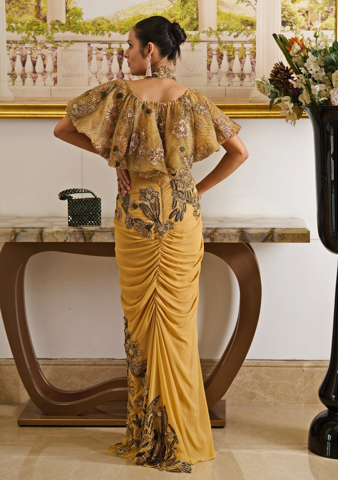 Mustard Gold Embroidered Predraped Georgette Saree With Cape Moledro - Fabilicious Fashion