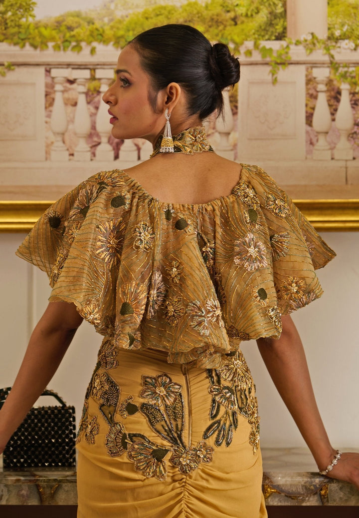 Mustard Gold Embroidered Predraped Georgette Saree With Cape Moledro - Fabilicious Fashion
