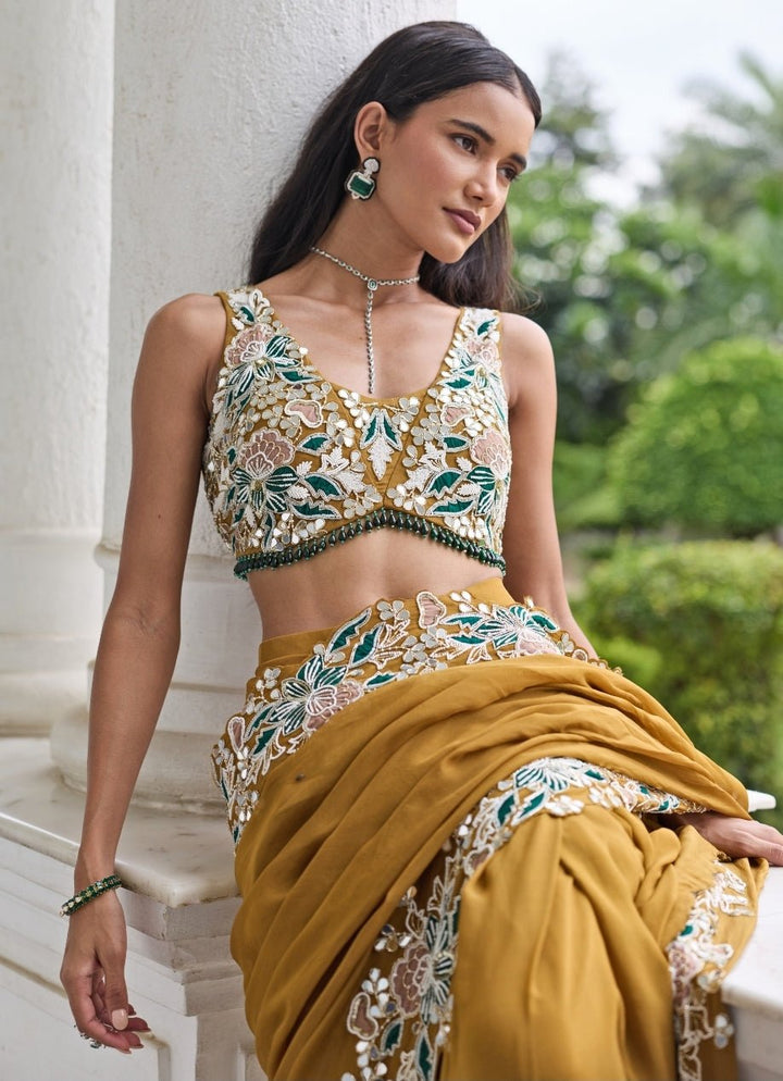 Mustard Gold Georgette Pre Draped Saree Set Seema Thukral - Fabilicious Fashion