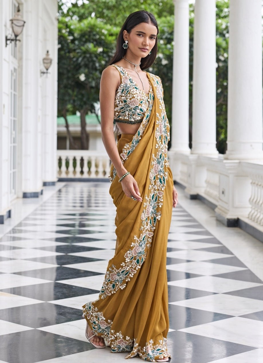 Mustard Gold Georgette Pre Draped Saree Set Seema Thukral - Fabilicious Fashion