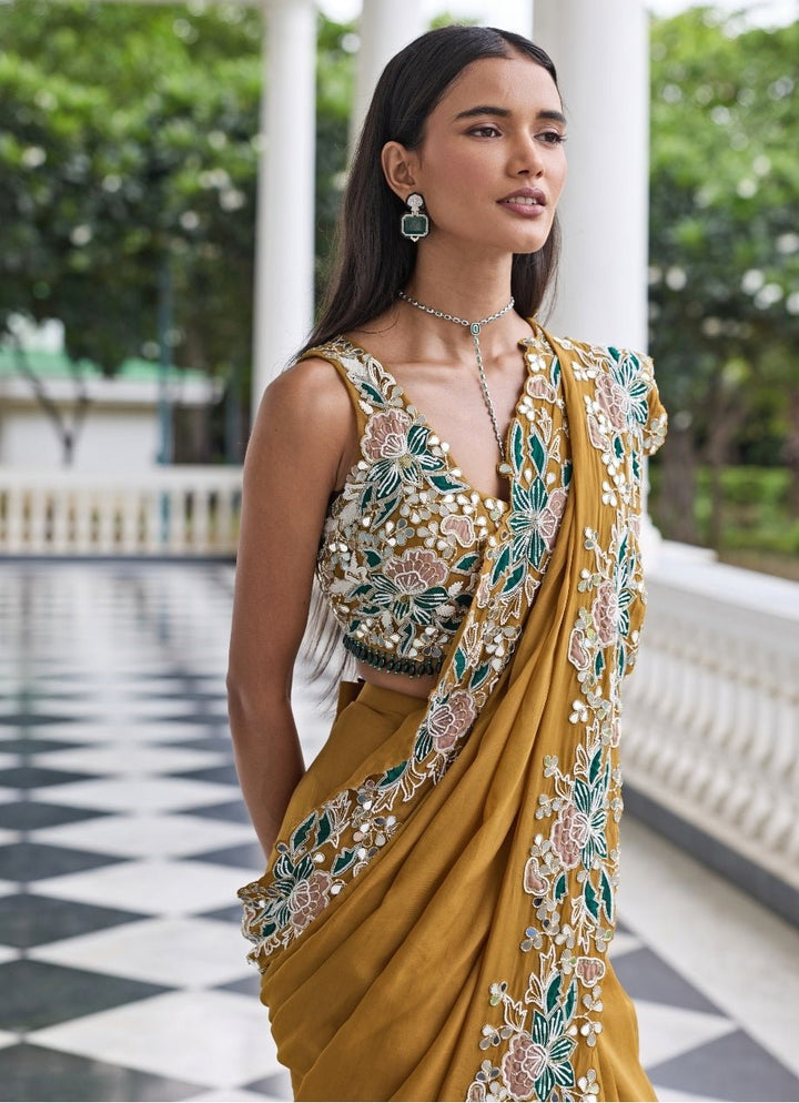 Mustard Gold Georgette Pre Draped Saree Set Seema Thukral - Fabilicious Fashion