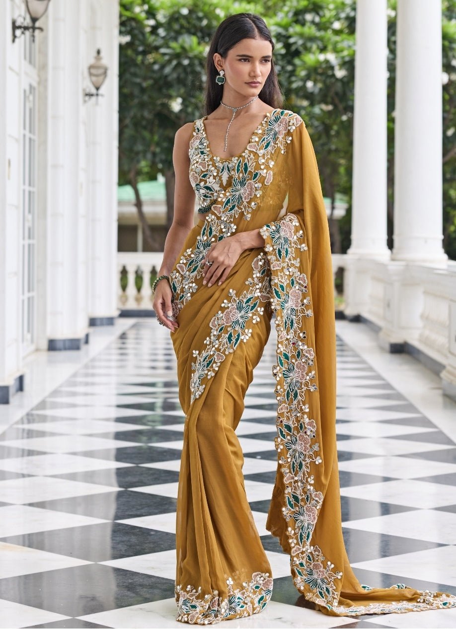 Mustard Gold Georgette Pre Draped Saree Set Seema Thukral - Fabilicious Fashion