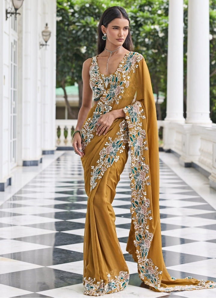 Mustard Gold Georgette Pre Draped Saree Set Seema Thukral - Fabilicious Fashion