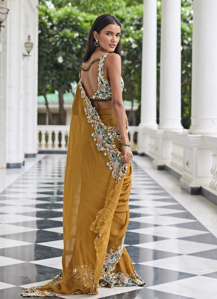 Mustard Gold Georgette Pre Draped Saree Set Seema Thukral - Fabilicious Fashion