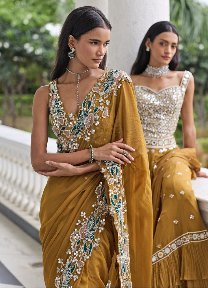 Mustard Gold Georgette Pre Draped Saree Set Seema Thukral - Fabilicious Fashion