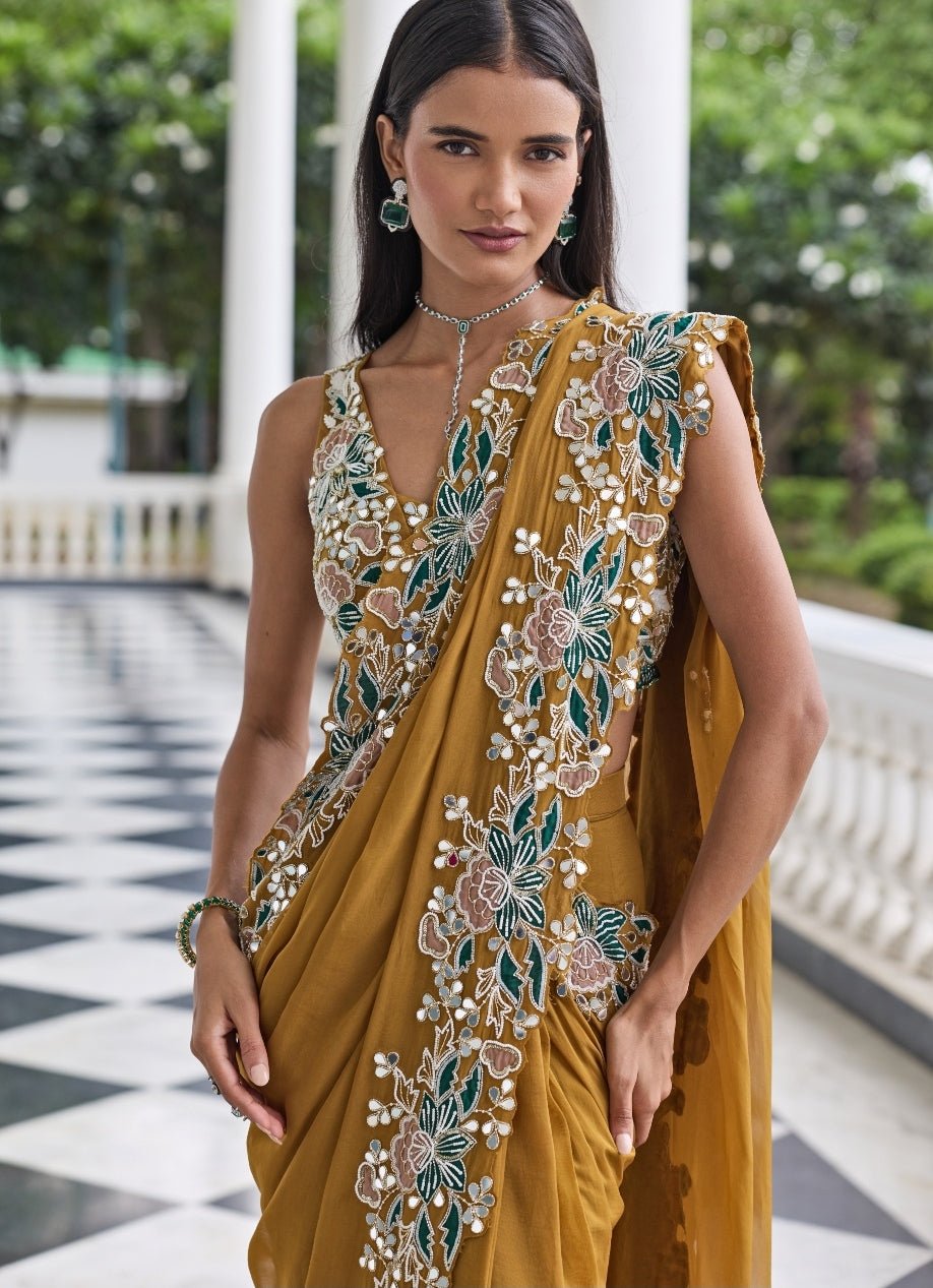 Mustard Gold Georgette Pre Draped Saree Set Seema Thukral - Fabilicious Fashion