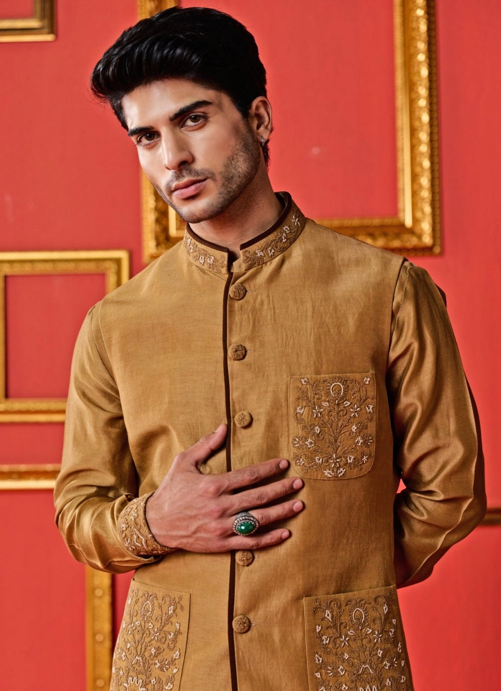 Studio Bagechaa - Men Mustard Gold Linen Satin Nehru Jacket SetFabilicious Fashion