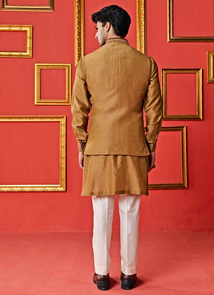 Studio Bagechaa - Men Mustard Gold Linen Satin Nehru Jacket SetFabilicious Fashion