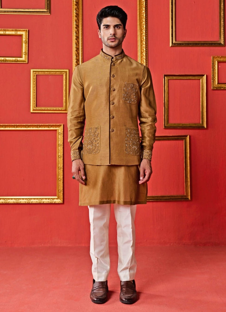 Studio Bagechaa - Men Mustard Gold Linen Satin Nehru Jacket SetFabilicious Fashion